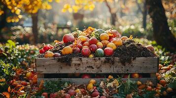 An overflowing compost bin with decomposing fruits and vegetables, set in a sunlit garden during fall, showcasing the cycle of life and renewal, vibrant and organic photo