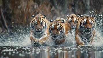 Four tigers running through water in unison, showcasing their power and grace in a natural, wild setting. photo