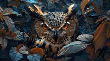 Close-up of a majestic owl with piercing eyes, surrounded by autumn leaves in a natural forest setting. Perfect for wildlife and nature themes. photo