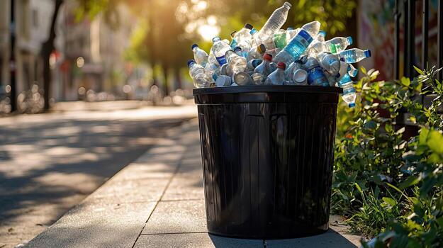 A black bin overflowing with empty plastic bottles, positioned on a sunlit sidewalk, symbolizing the challenge of plastic waste in urban environments photo