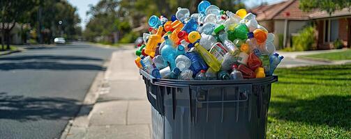 A full recycling bin on the side of a suburban street, filled with plastic bottles of different shapes and colors, a snapshot of everyday recycling efforts photo