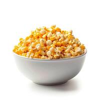 A white bowl full of fresh, golden sweet corn kernels isolated on a white background, delicious and ready to eat. photo
