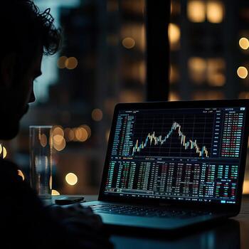 A dark room with an open laptop displaying the stock market on screen photo