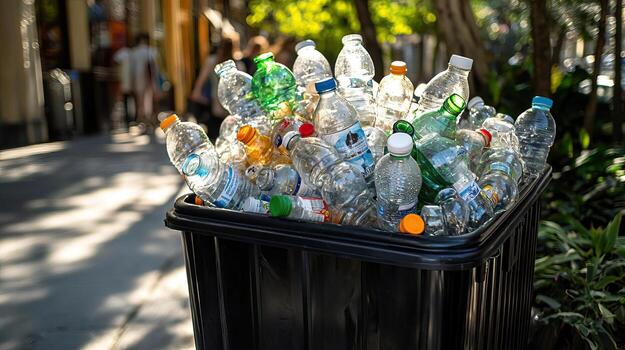A black bin overflowing with empty plastic bottles, positioned on a sunlit sidewalk, symbolizing the challenge of plastic waste in urban environments photo