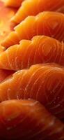 Close-up of freshly sliced salmon sashimi with rich colors and intricate textures, perfect for culinary and food presentations. photo