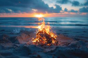 4K photo of a bonfire on a tranquil beach, ideal for editorial and commercial banners, with plenty of copy space, detailed sand and fire, warm and inviting mood