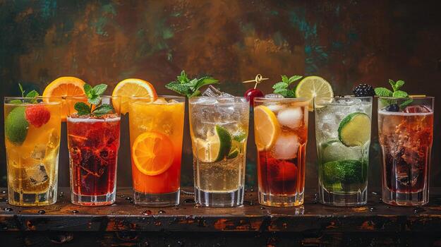 A colorful array of refreshing cocktails garnished with fresh fruits and mint leaves, set against a rustic background. photo