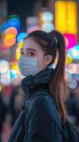 A young woman with a ponytail, wearing a mask in a busy city street, the background softly blurred with vibrant evening lights, modern and contemplative photo