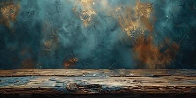Rustic wooden table with an abstract painted background, perfect for product display or creative projects. photo