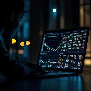 A dark room with an open laptop displaying the stock market on screen photo