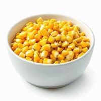 A black bowl filled with fresh, golden corn kernels isolated on a white background. Perfect for food blogs and healthy eating concepts. photo