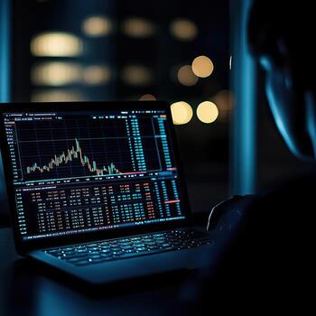 A dark room with an open laptop displaying the stock market on screen photo