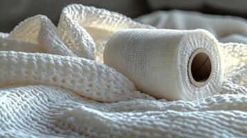 A roll of medical gauze resting on a textured cloth, with soft light casting gentle shadows, symbolizing care and healing, delicate and soothing photo