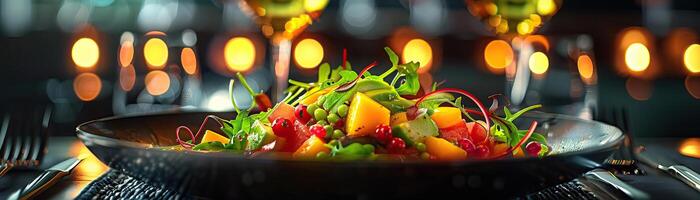 An elegant, dimly lit shot of a fine dining salad course, exotic ingredients like avocado and mango included, the warm ambient light enhancing the plating, panoramic negative space photo