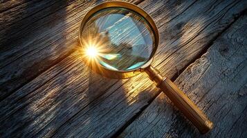 A vintage magnifying glass lying on a rustic wooden surface, sunlight casting warm, golden hues through the glass, evoking curiosity and discovery, detailed and mysterious photo