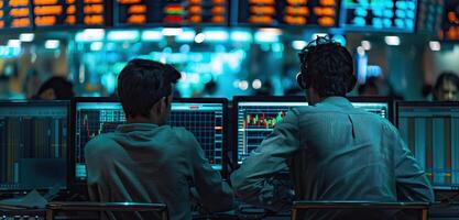 Two stock traders work at their computers on the trading floor. photo