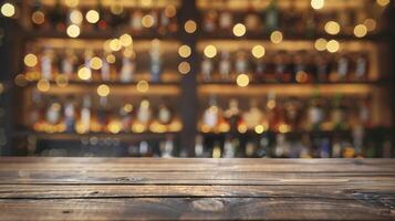 Cozy bar counter with blurry bottles and warm lighting in the background, creating a relaxed and inviting atmosphere. photo