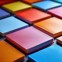 A collection of multicolored sticky note pads, with the edges perfectly aligned, creating a rainbow of potential ideas, vivid and inspiring photo