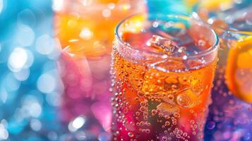 Close-up of colorful, refreshing drinks with ice cubes and bubbles, perfect for summer and party themes. photo
