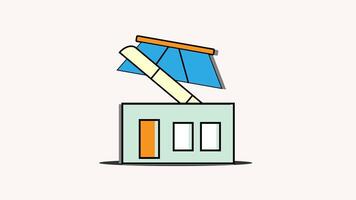 Simple storefront building with a blue roof, three windows, and a door. Perfect for depicting small businesses in various settings. video