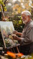Elderly man painting a beautiful landscape on canvas in a serene outdoor setting, surrounded by nature and sunlight. photo