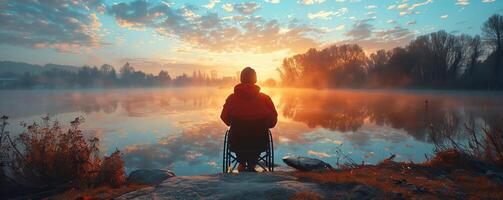 A person in a wheelchair enjoys a peaceful sunrise by the lake, surrounded by nature, reflecting in the water. photo
