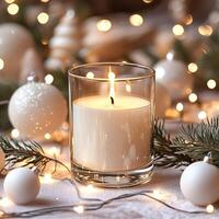 Blank clear straight candle glass amidst a setting with delicate fairy lights photo