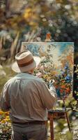 Artist painting colorful flowers on canvas in a garden setting, wearing a white shirt and hat, embracing nature and creativity, back view. photo