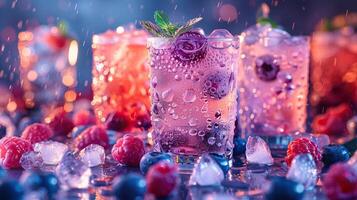 Close-up of refreshing berry cocktails with ice and fresh mint, surrounded by various berries in vibrant lighting. photo