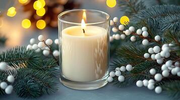 Blank clear straight candle glass amidst a setting with delicate fairy lights photo