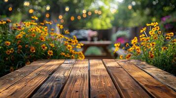 Beautiful wooden table in a garden surrounded by blooming flowers and string lights, creating a serene outdoor dining setting. photo