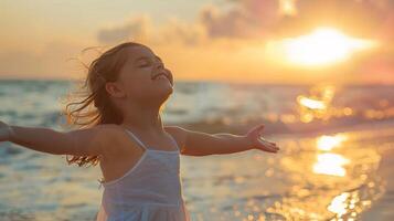 Joyful girl with outstretched arms embracing the sunset on the beach, feeling the freedom and beauty of nature. photo