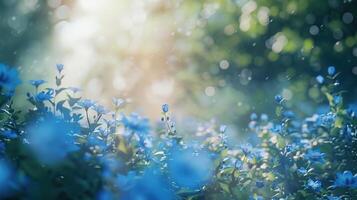 Enchanting Blue Flowers in a Sunlit Garden with Gentle Bokeh - a Stunning Nature Scene Highlighting Serenity and Beauty. photo