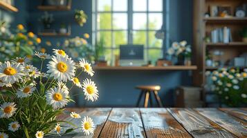 Bright home office, rustic wooden desk, fresh daisies in a vase, sunlight streaming through window, cozy and productive workspace. photo