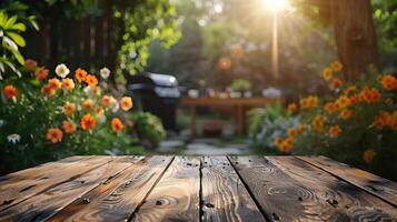 Wooden table in a blooming garden with vibrant flowers and a barbecue grill under the warm sunset light, perfect for outdoor dining and relaxation. photo