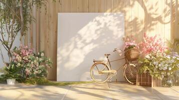 A cozy outdoor scene featuring a vintage bicycle with a flower basket, surrounded by blooming flowers and greenery against a wooden backdrop. photo
