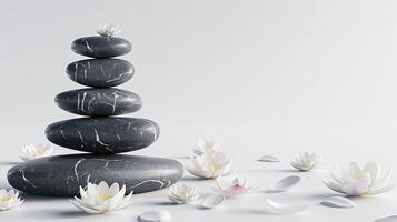 Balanced stack of Zen stones with white lotus flowers. Minimalistic composition for spa, relaxation, and mindfulness concepts. photo