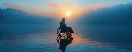 Silhouette of person in a wheelchair looking at a tranquil lake during sunrise, surrounded by mist and calm waters, symbolizing peace. photo