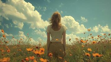 Woman standing in a beautiful field of wildflowers under a clear blue sky, gazing at fluffy white clouds. Capturing the essence of nature and tranquility. photo