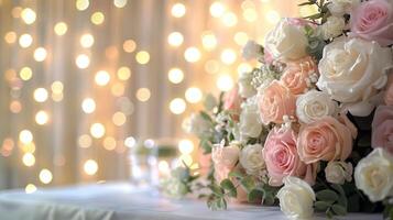 Elegant floral arrangement with roses in soft pastel colors, beautifully lit by warm twinkle lights in the background. photo