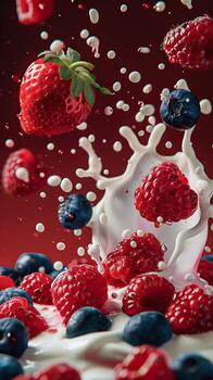 Fresh strawberries, raspberries, and blueberries splash in creamy milk, creating an appetizing and vibrant imagery perfect for food-related content. photo
