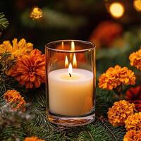 Blank clear straight candle glass amidst a setting with delicate fairy lights photo