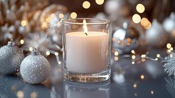 Blank clear straight candle glass amidst a setting with delicate fairy lights photo