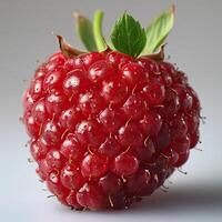 Close-up image of a fresh red raspberry with detailed texture and vibrant colors, isolated on a gradient background. photo