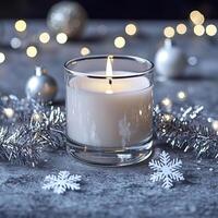 Blank clear straight candle glass on a concrete surface with minimalistic star decorations and soft fairy lights, modern minimalist Christmas mockup, industrial chic photo