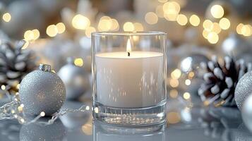Blank clear straight candle glass amidst a setting with delicate fairy lights photo