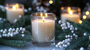 Blank clear straight candle glass amidst a setting with delicate fairy lights photo