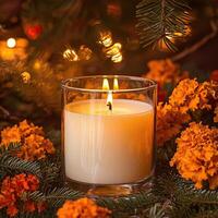 Blank clear straight candle glass amidst a setting with delicate fairy lights photo