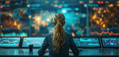 A woman in a dark suit sits at a desk in front of a large screen with a futuristic city in the background. photo