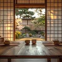 A serene Japanese tea room with traditional shoji screens, a wooden table, and a view of a beautiful garden in the background. photo